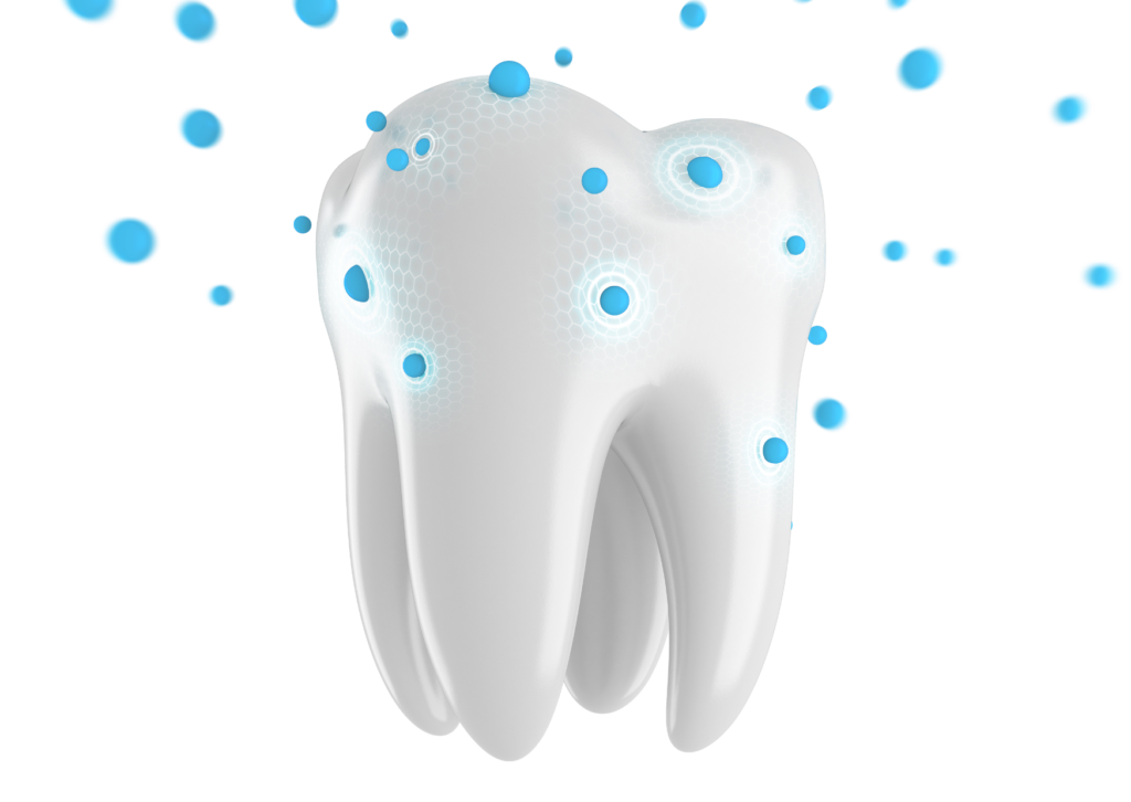 Diente en 3D con muchos puntos azules rodeando la corona, para ejemplificar un diente protegido. tema: para qué sirve el flúor en los dientes, nota Everest Life